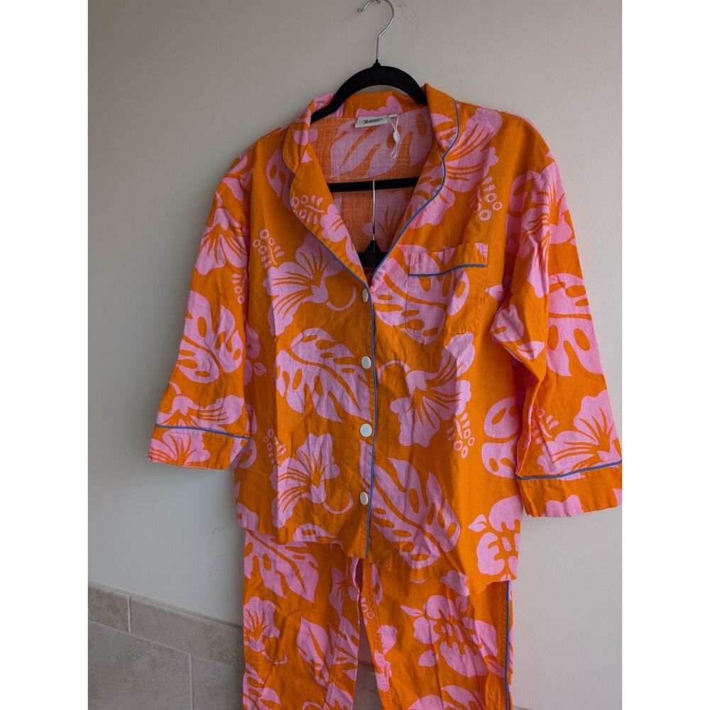 Sleepy Jones NWOT Marina Aloha Pajama Set Orange Pink Tropical Floral Cotton S - Picture 4 of 11